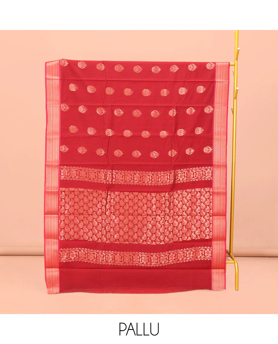 Red Semi-Silk Cotton Saree, Zari-Gleamed Up with Buttas All Over Its Body, Highlighted by a Traditional Zari Border, Pallu of Paisley Designs, and Paired with a Matching Blouse - Image 3