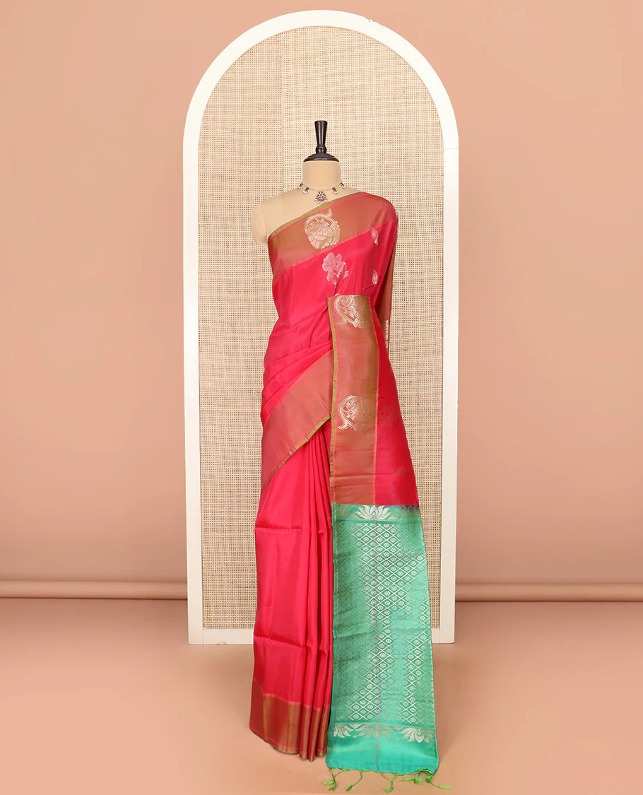 Red Semi Uppada Saree Enlivened with Zari Buttas, Complemented by a Contrasting Zari Design Border, Contrast Pallu Featuring Floral Butta Enclosed Jaal Design, and Paired with a Contrast Blouse - Image 3