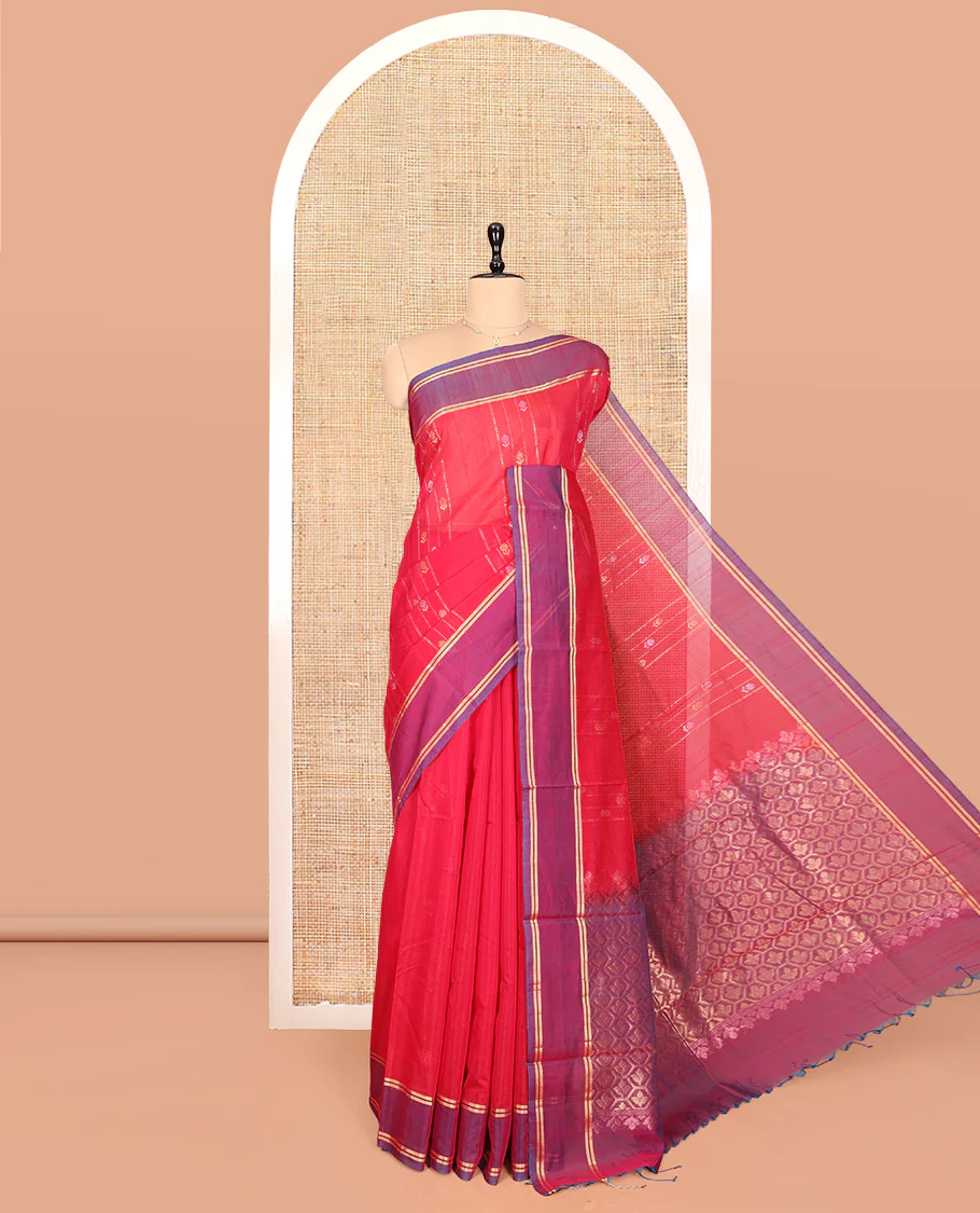 Red Silk Cotton Saree, Decorated with Zari Stripes and Buttas, Complemented by a Contrast Border, Contrast Butta Enclosed Hexagon Pallu, and a Contrast Blouse