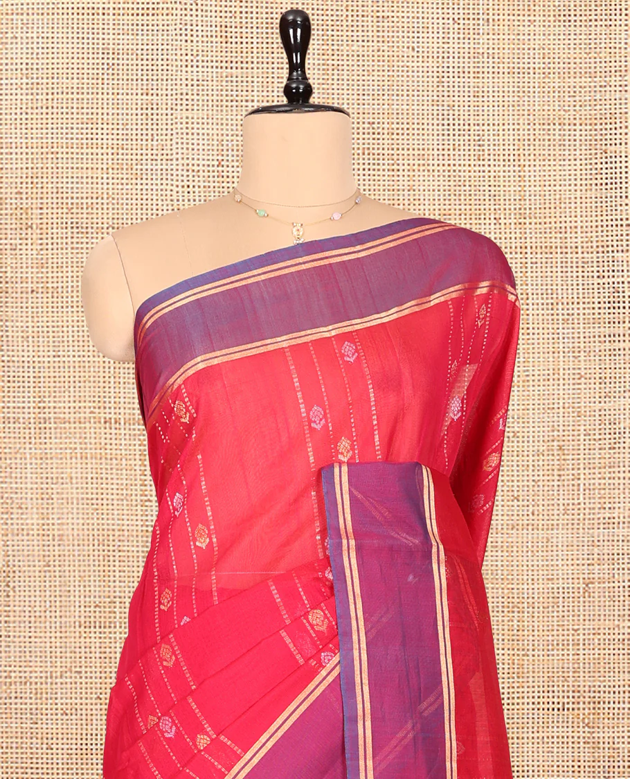 Red Silk Cotton Saree, Decorated with Zari Stripes and Buttas, Complemented by a Contrast Border, Contrast Butta Enclosed Hexagon Pallu, and a Contrast Blouse - Image 2