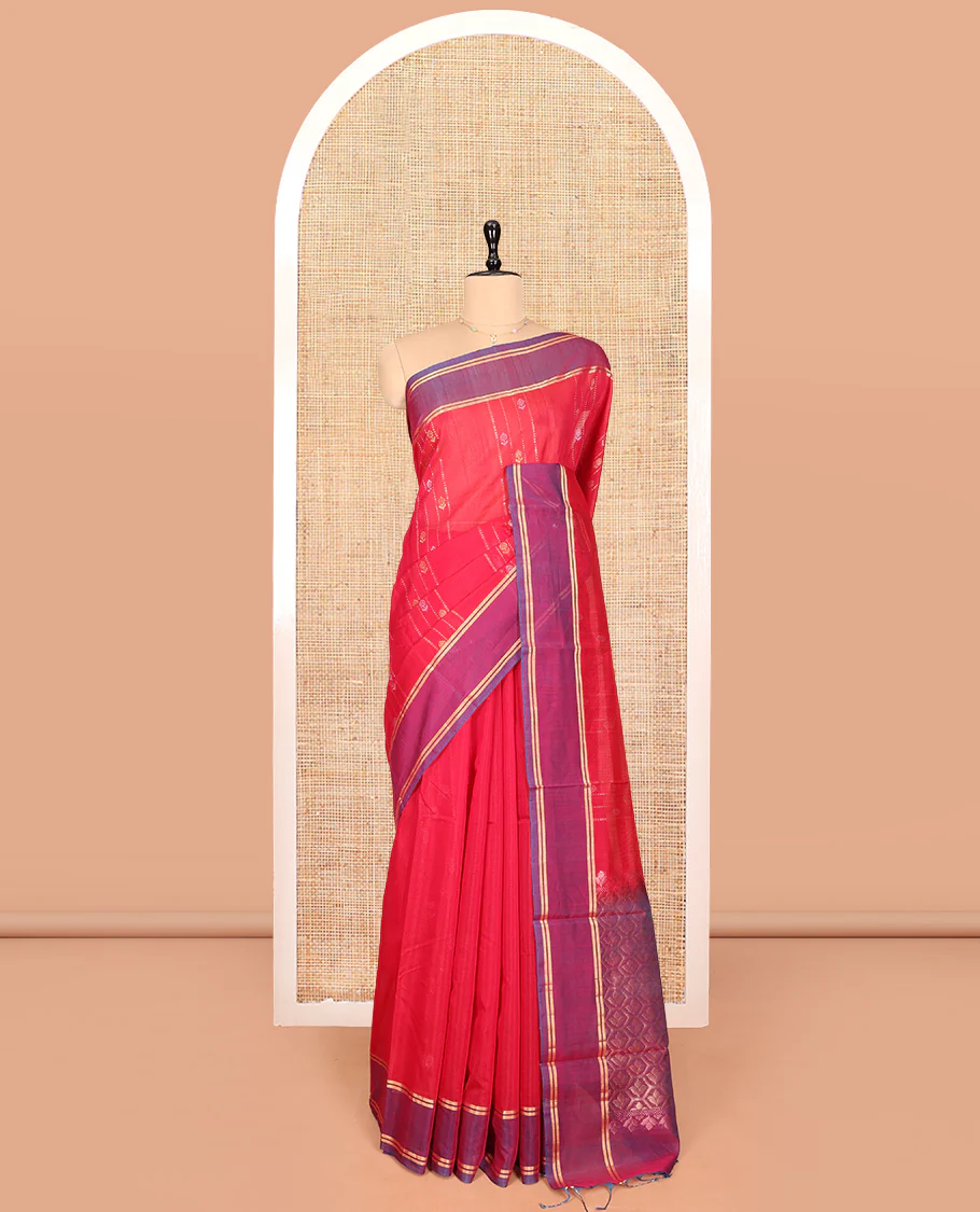 Red Silk Cotton Saree, Decorated with Zari Stripes and Buttas, Complemented by a Contrast Border, Contrast Butta Enclosed Hexagon Pallu, and a Contrast Blouse - Image 3