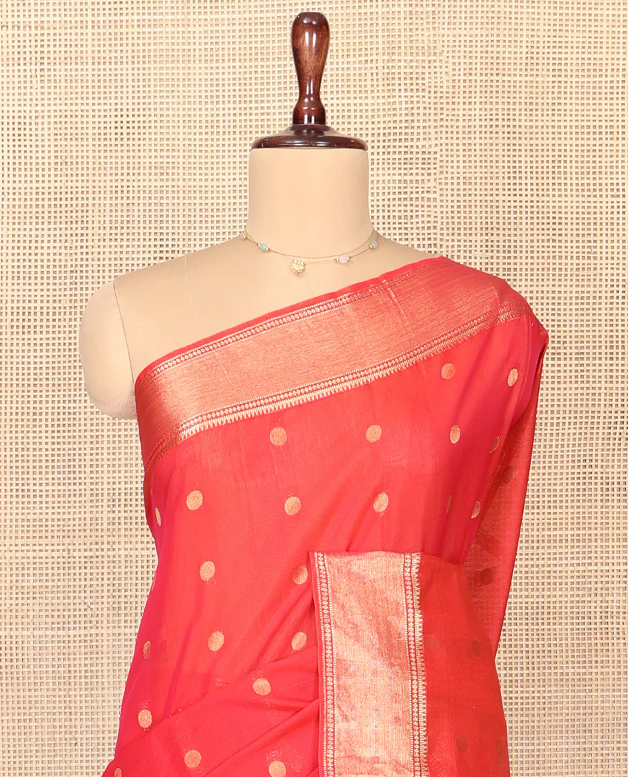 Red Silk Cotton Saree, Spotlighted by Zari Buttas On Its Body, Highlighted by Traditional Zari Border, Contrast Diagonally Woven Pallu and Paired with a Contrast Blouse - Image 2