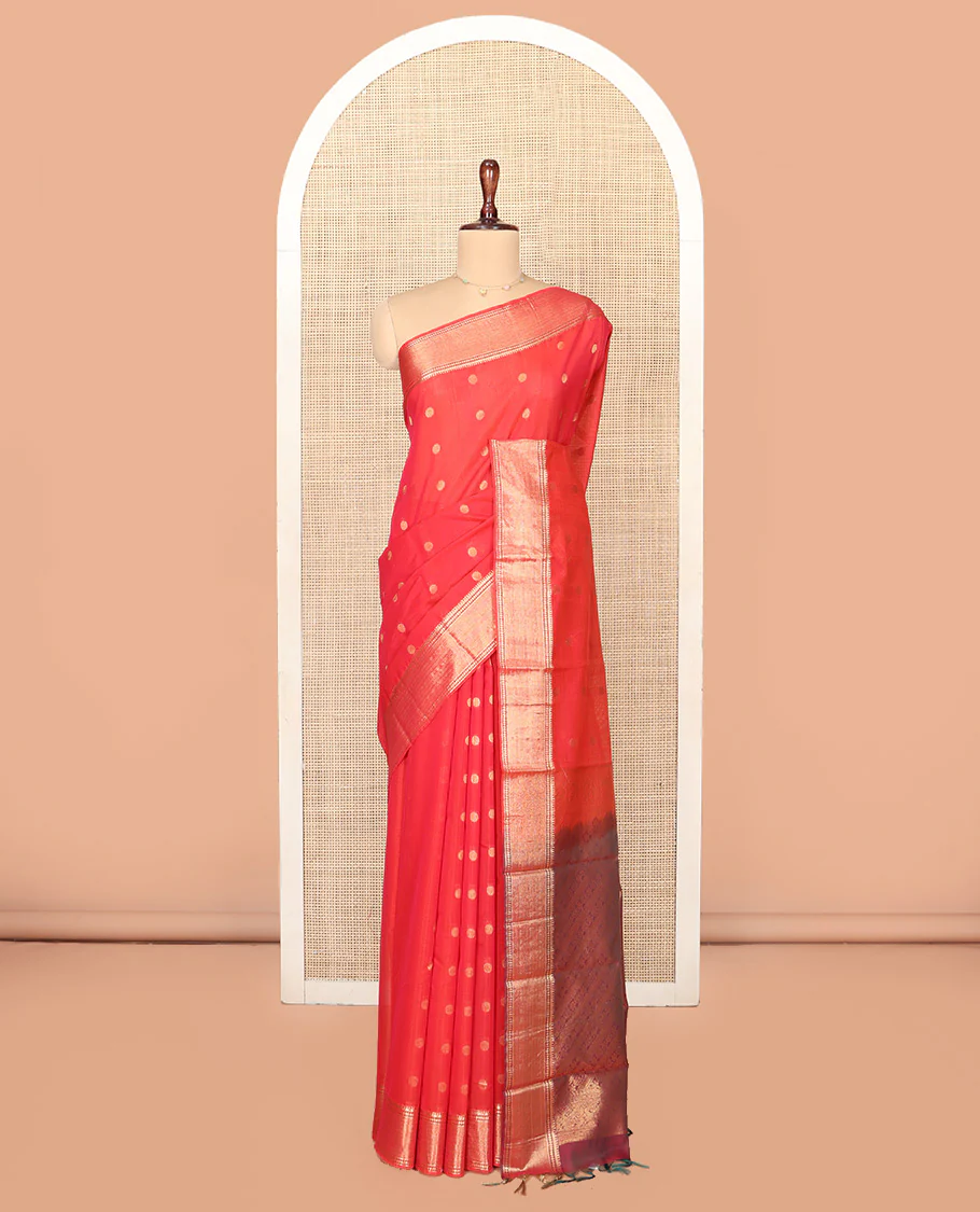 Red Silk Cotton Saree, Spotlighted by Zari Buttas On Its Body, Highlighted by Traditional Zari Border, Contrast Diagonally Woven Pallu and Paired with a Contrast Blouse - Image 3