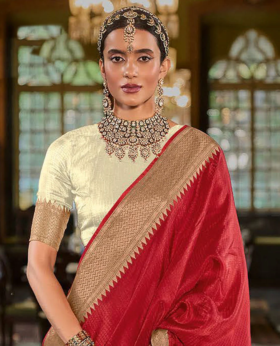 Red Sparsely Textured Designer Saree, Elevated with Traditional Zari Design Border, Pallu Features Paisley Designs, and Paired with a Contrast Blouse - Image 2