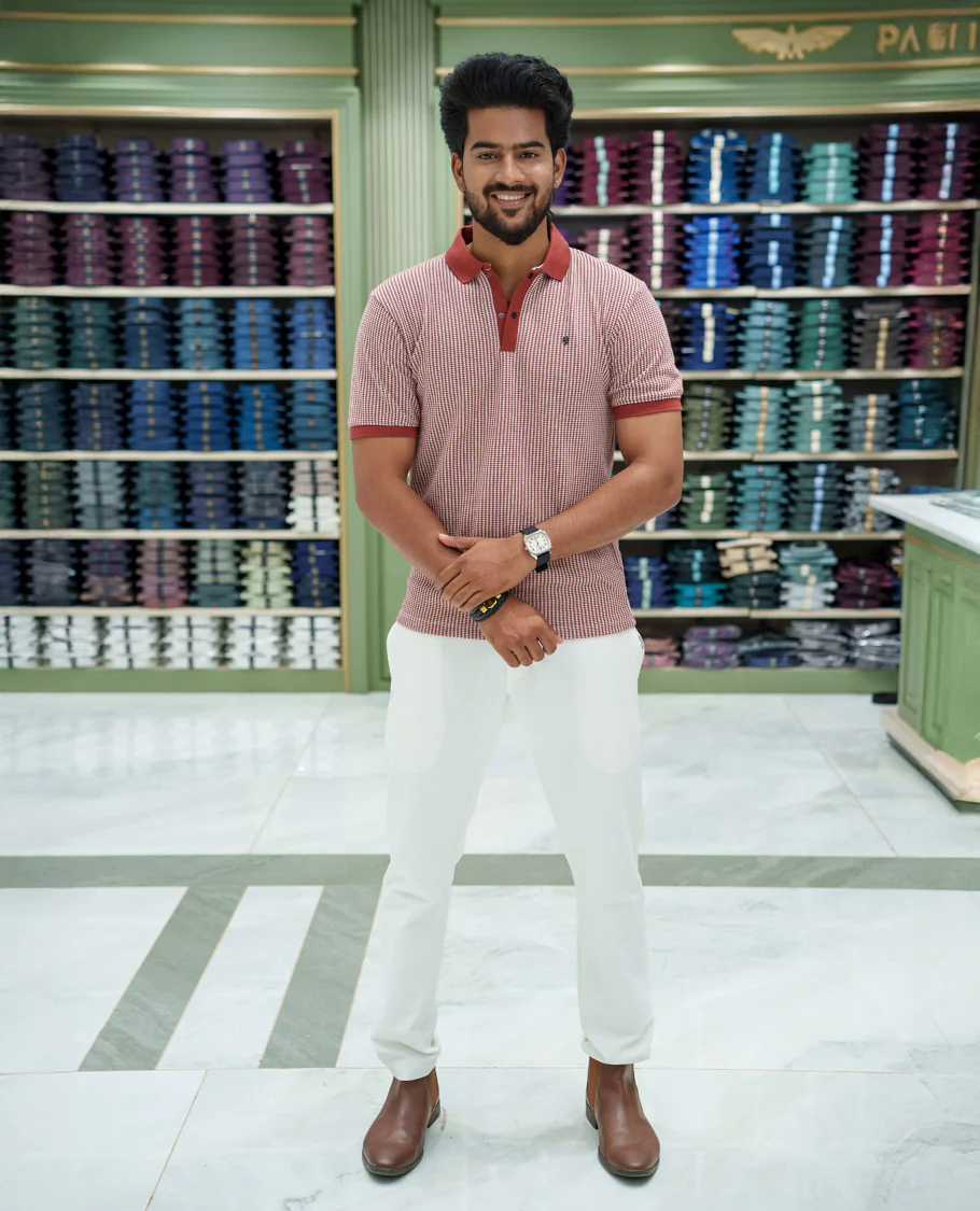 Red Striped Cotton-Blended T-Shirt Comes with Half-Sleeves, a Polo Collar, a Slim Fit, and Regular Length - Image 2