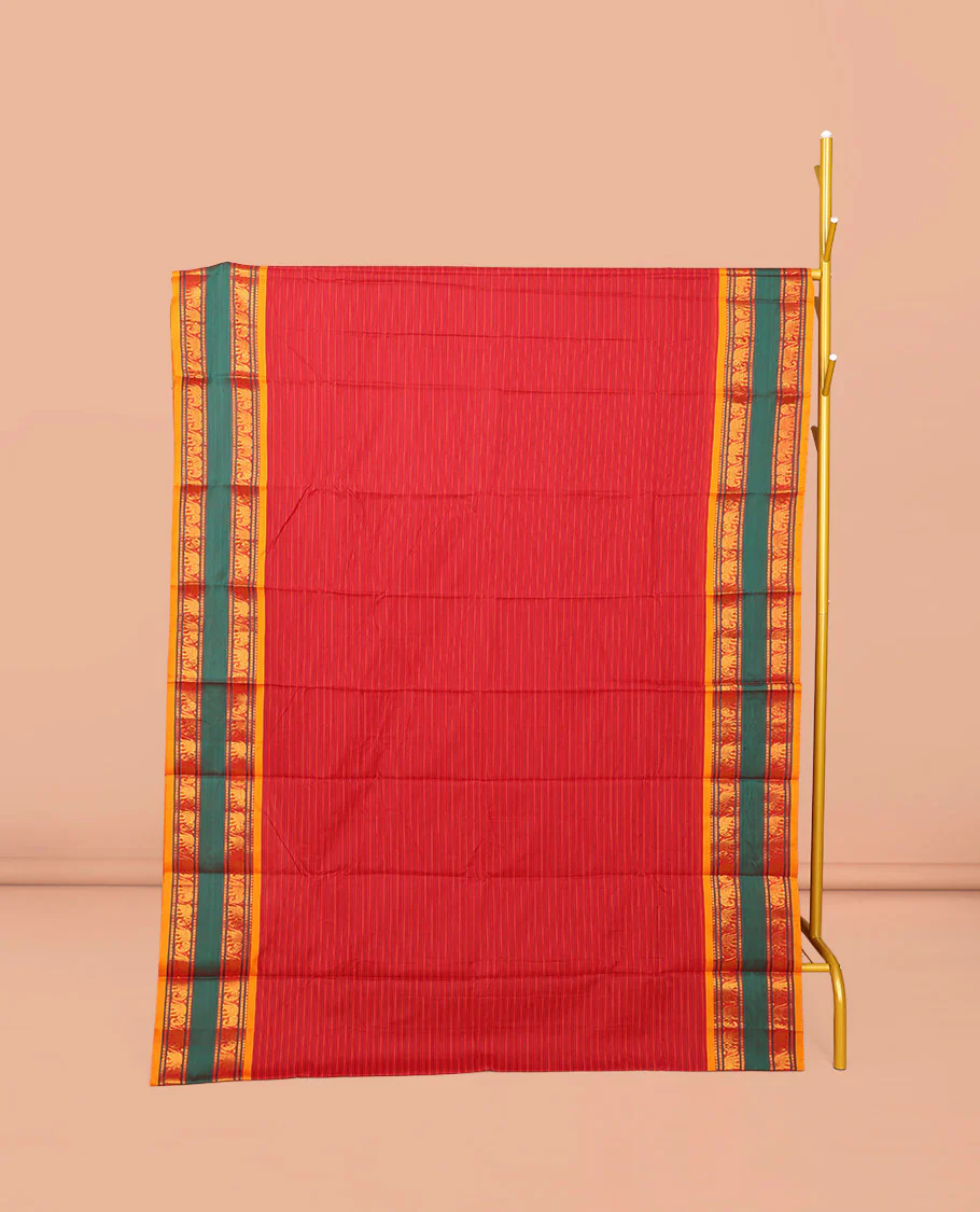 Red Striped Narayanpet Cotton Saree, Complemented by a Contrast Traditional Design Rettai Pettu Border, Striped Pallu, and Comes Without a Blouse