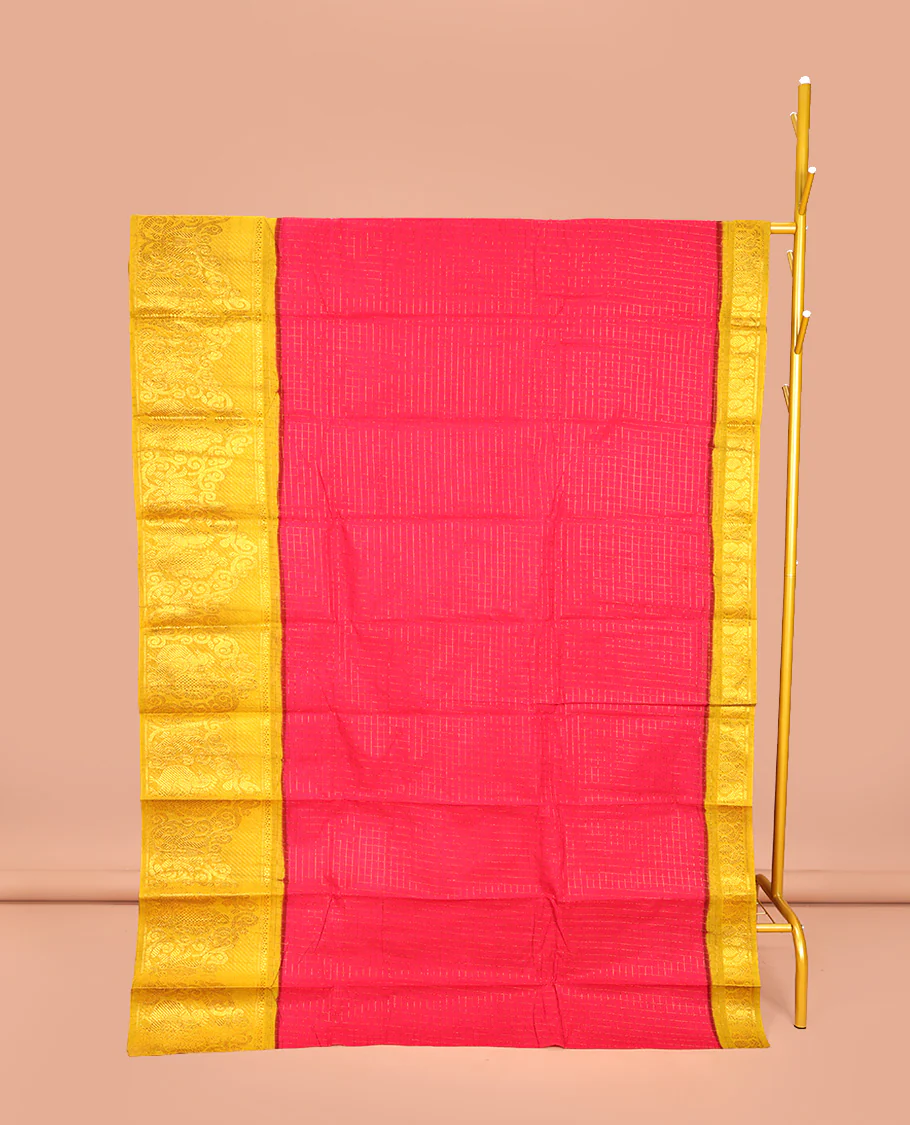 Red Sungudi Cotton Saree, Decked Up with Zari Checked Design on Its Body, Complemented by a Contrast Traditional Zari Design Border of Peacock Designs, Zari-Design Pallu, and Paired with a Contrast Blouse