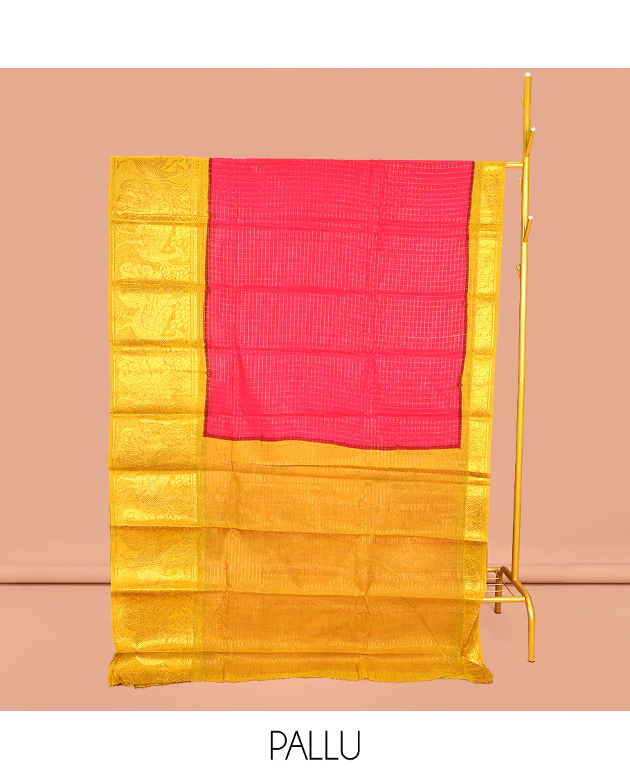 Red Sungudi Cotton Saree, Detailed with Zari Checks on Its Body, Complemented by a Contrast Traditional Zari Border of Big Peacocks, Zari-Striped Pallu, and Paired with a Contrast Blouse - Image 2