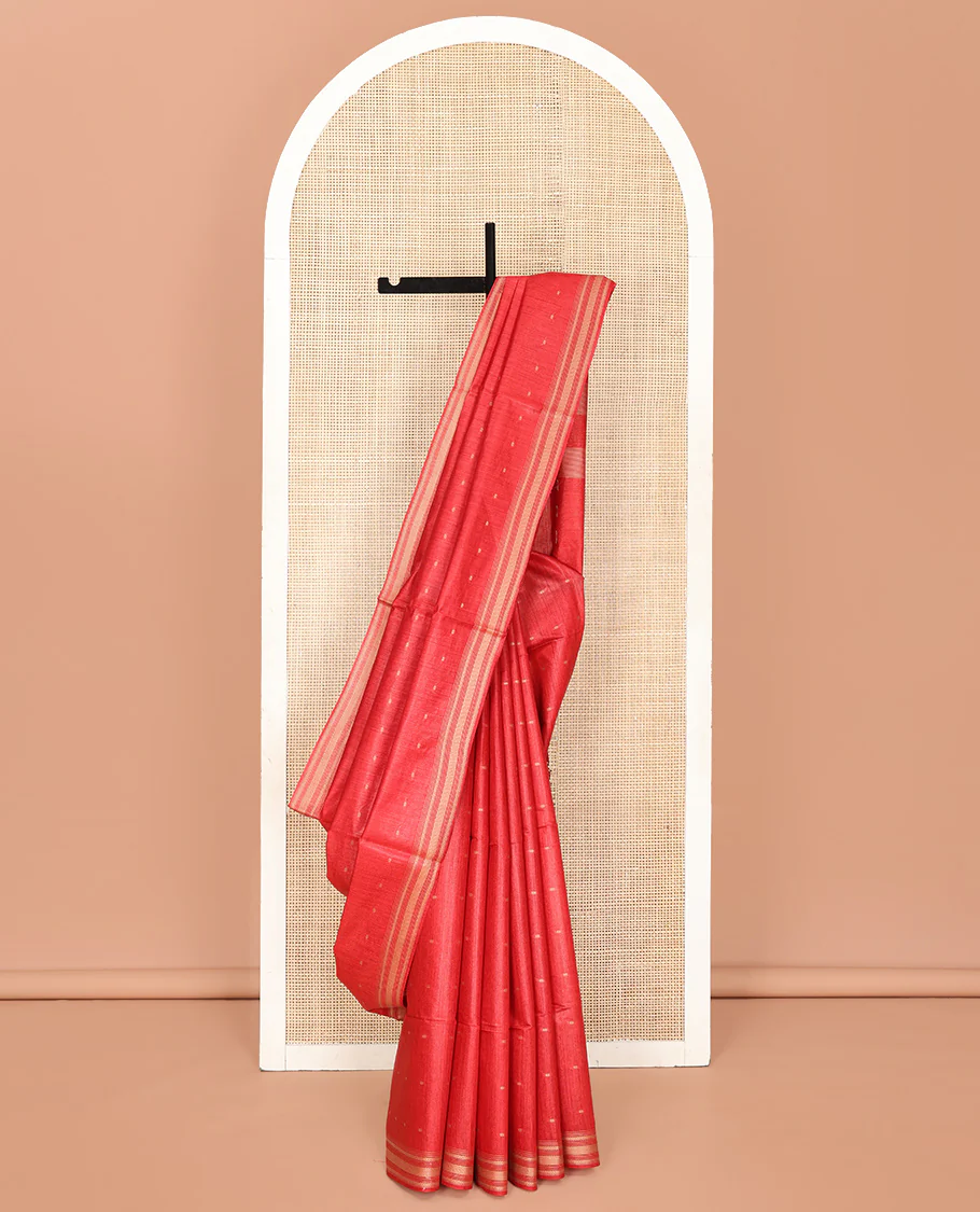 Red Tussar Saree, Steeped with Buttas, a Subtle Traditional Border, Pallu of Stripes and Buttas, and a Matching Blouse