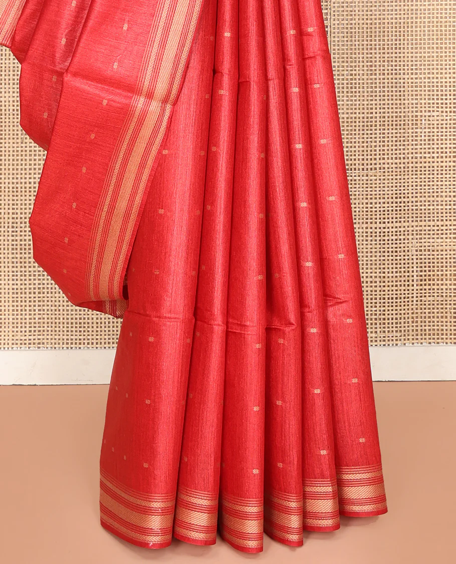 Red Tussar Saree, Steeped with Buttas, a Subtle Traditional Border, Pallu of Stripes and Buttas, and a Matching Blouse - Image 4