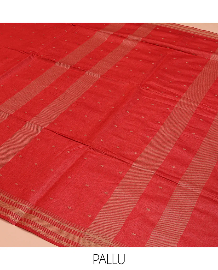 Red Tussar Saree, Steeped with Buttas, a Subtle Traditional Border, Pallu of Stripes and Buttas, and a Matching Blouse - Image 5