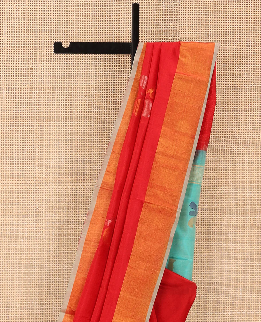 Red Uppada Silk Saree Featuring Floral Buttas, Subtle Zari Bavanji Border, Pallu Decked Up with Jamdani-Style Floral Motifs, and Paired with a Contrast Blouse - Image 3