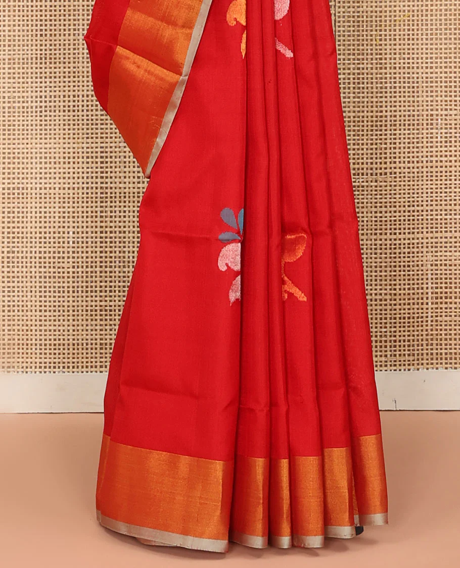 Red Uppada Silk Saree Featuring Floral Buttas, Subtle Zari Bavanji Border, Pallu Decked Up with Jamdani-Style Floral Motifs, and Paired with a Contrast Blouse - Image 4