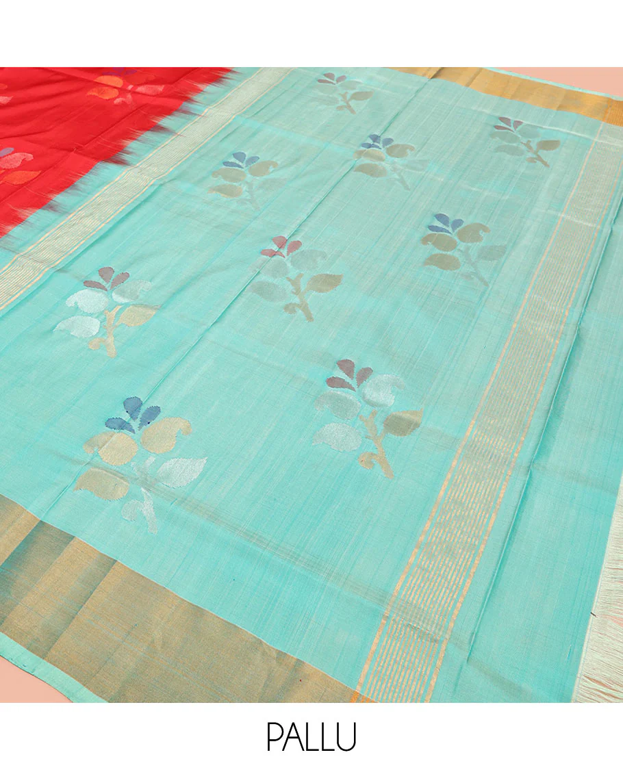 Red Uppada Silk Saree Featuring Floral Buttas, Subtle Zari Bavanji Border, Pallu Decked Up with Jamdani-Style Floral Motifs, and Paired with a Contrast Blouse - Image 5