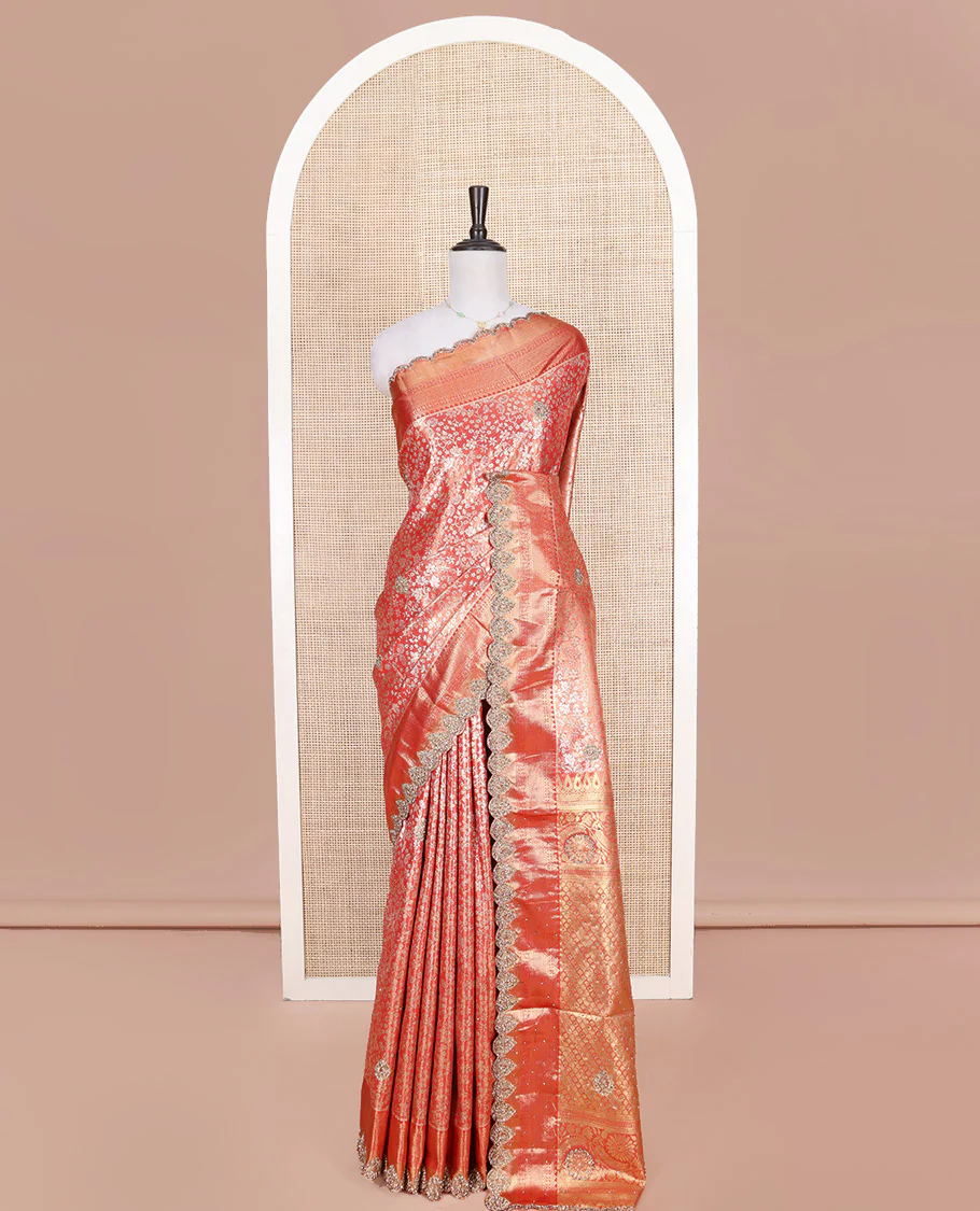 Red Vastrakala Silk Saree, Artfully Detailed with Floral Jacquard and Patch Stone Work, Highlighted by Traditional Zari and Stone Scallop Border, Grand Scallop Design Stone Work Pallu, and Paired with Heavy Embroidered Blouse - Image 3