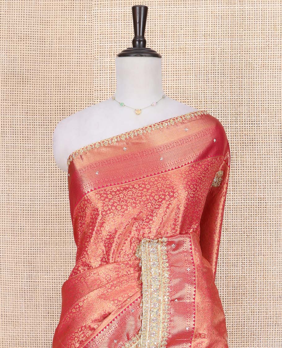 Red Vastrakala Silk Saree, Beautifully Highlighted with Floral Jacquard and Patch Stone Work, Highlighted by Traditional Zari and Lace Embroidered Border, Grand Scallop Design Stone Work Pallu, and Paired with Heavy Embroidered Blouse - Image 2