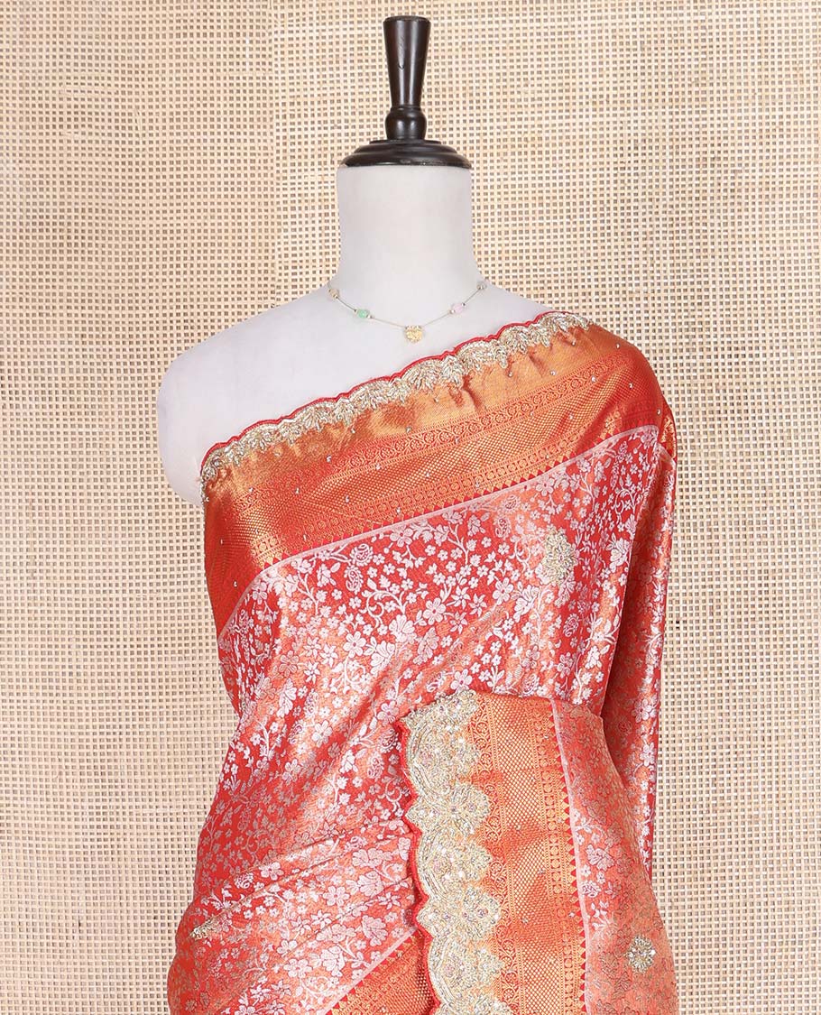 Red Vastrakala Silk Saree, Enthralled with Floral Jacquard and Patch Stone Work, Highlighted by Traditional Zari and Lace Embroidered Scallop Border, Grand Scallop Design Stone Work Pallu, and Paired with Heavy Embroidered Blouse - Image 2