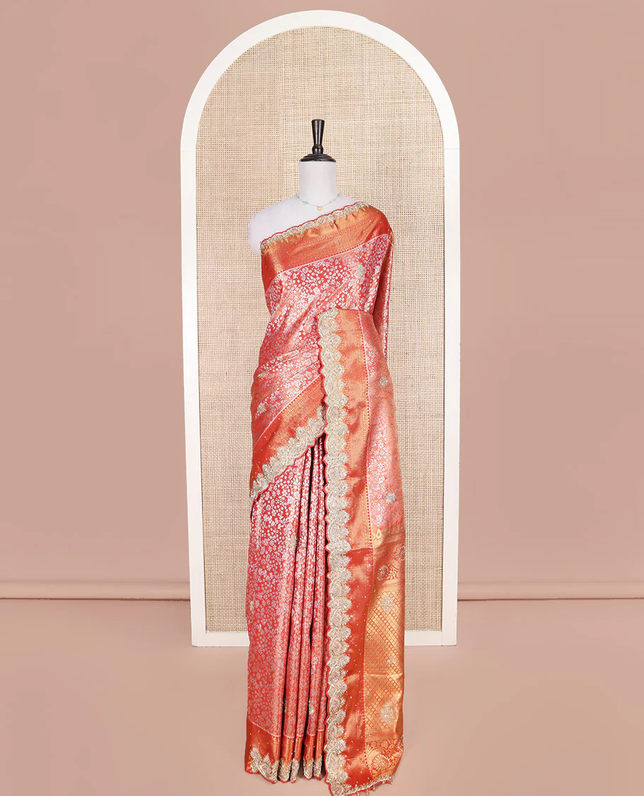 Red Vastrakala Silk Saree, Enthralled with Floral Jacquard and Patch Stone Work, Highlighted by Traditional Zari and Lace Embroidered Scallop Border, Grand Scallop Design Stone Work Pallu, and Paired with Heavy Embroidered Blouse - Image 3