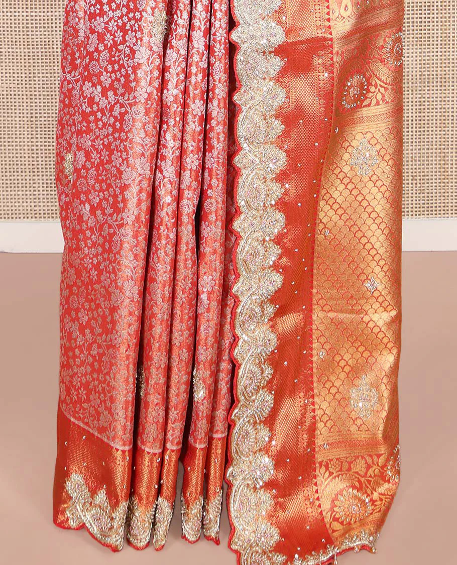 Red Vastrakala Silk Saree, Enthralled with Floral Jacquard and Patch Stone Work, Highlighted by Traditional Zari and Lace Embroidered Scallop Border, Grand Scallop Design Stone Work Pallu, and Paired with Heavy Embroidered Blouse - Image 4