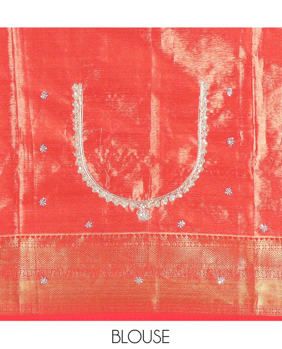 Red Vastrakala Silk Saree, Enthralled with Floral Jacquard and Patch Stone Work, Highlighted by Traditional Zari and Lace Embroidered Scallop Border, Grand Scallop Design Stone Work Pallu, and Paired with Heavy Embroidered Blouse - Image 5