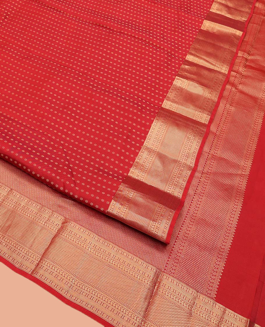 Red Vasundhara Lite Silk Mix Saree, Adorned with Zari Buttas All Over Its Body, Highlighted by Zari Border of Rudraksham, Banaras, Manga, and Mayil Kann Designs, Diagonally Striped Pallu, and Paired with a Matching Blouse - Image 2