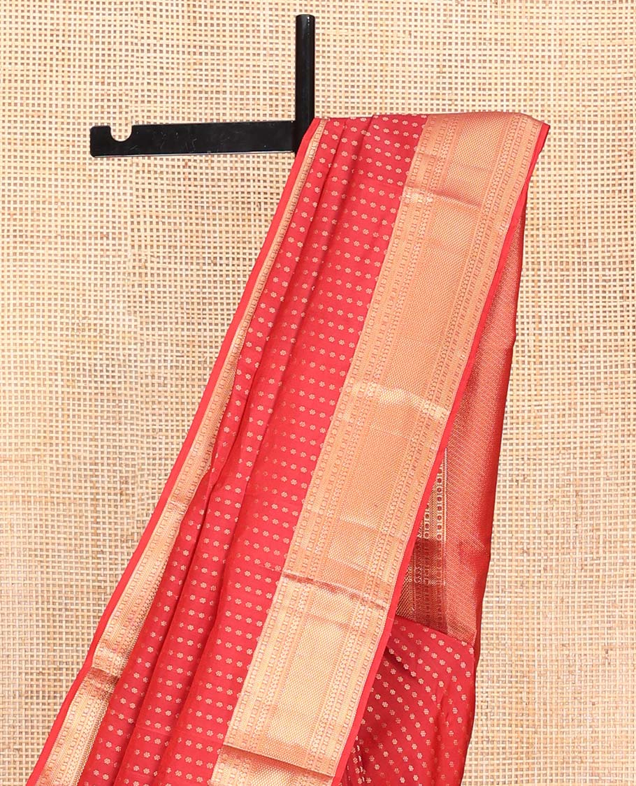 Red Vasundhara Lite Silk Mix Saree, Adorned with Zari Buttas All Over Its Body, Highlighted by Zari Border of Rudraksham, Banaras, Manga, and Mayil Kann Designs, Diagonally Striped Pallu, and Paired with a Matching Blouse - Image 3
