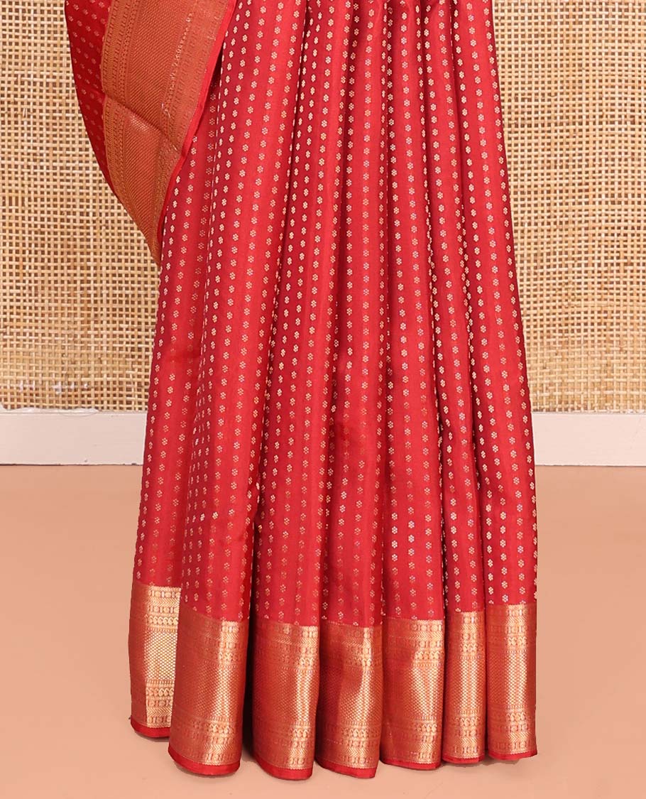 Red Vasundhara Lite Silk Mix Saree, Adorned with Zari Buttas All Over Its Body, Highlighted by Zari Border of Rudraksham, Banaras, Manga, and Mayil Kann Designs, Diagonally Striped Pallu, and Paired with a Matching Blouse - Image 4