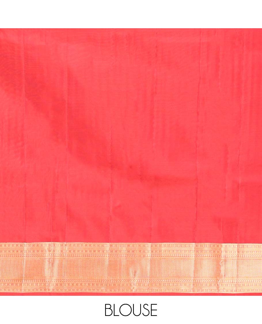 Red Vasundhara Lite Silk Mix Saree, Adorned with Zari Buttas All Over Its Body, Highlighted by Zari Border of Rudraksham, Banaras, Manga, and Mayil Kann Designs, Diagonally Striped Pallu, and Paired with a Matching Blouse - Image 6