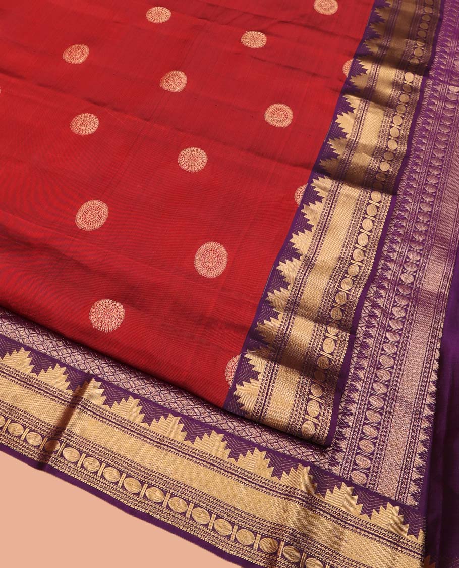 Red Vasundhara Lite Silk Mix Saree, Artfully Woven with Chakram Buttas All Over Its Body, Complemented by a Contrast Border of Thazampoo Rekku, Paisa, Neli, Mayil Kann, and Rudraksham Designs, Pallu of Geometric Patterns, and Paired with a Contrast Blouse - Image 2
