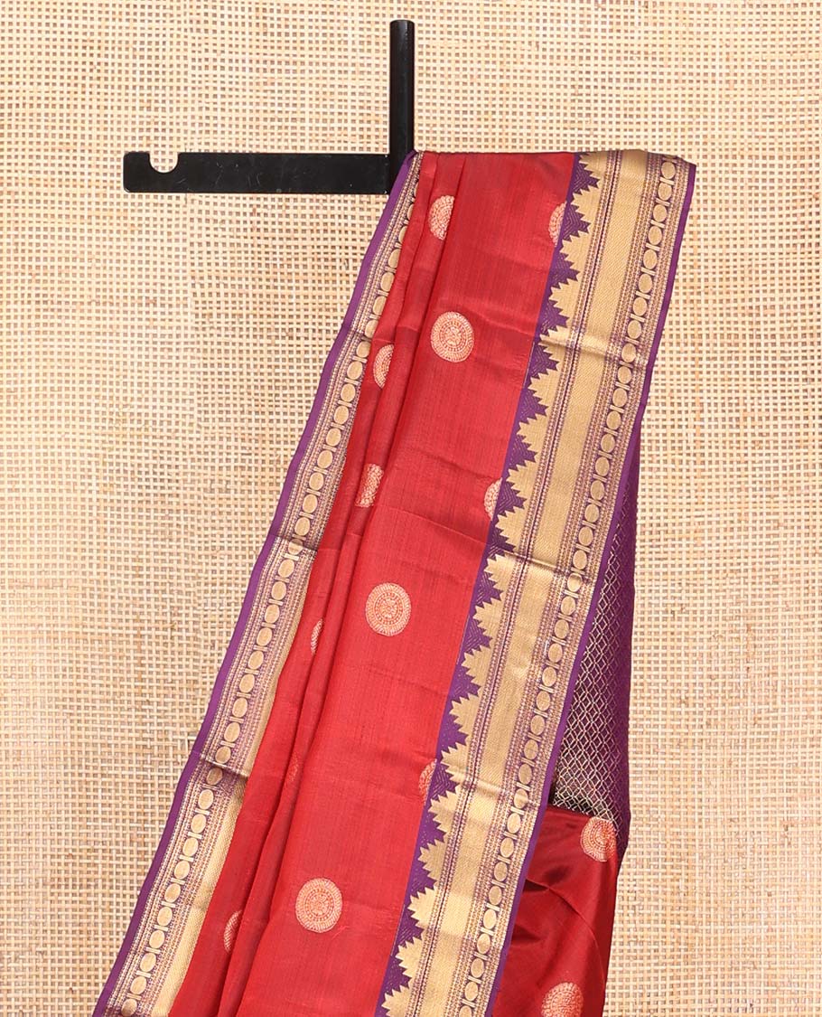 Red Vasundhara Lite Silk Mix Saree, Artfully Woven with Chakram Buttas All Over Its Body, Complemented by a Contrast Border of Thazampoo Rekku, Paisa, Neli, Mayil Kann, and Rudraksham Designs, Pallu of Geometric Patterns, and Paired with a Contrast Blouse - Image 3