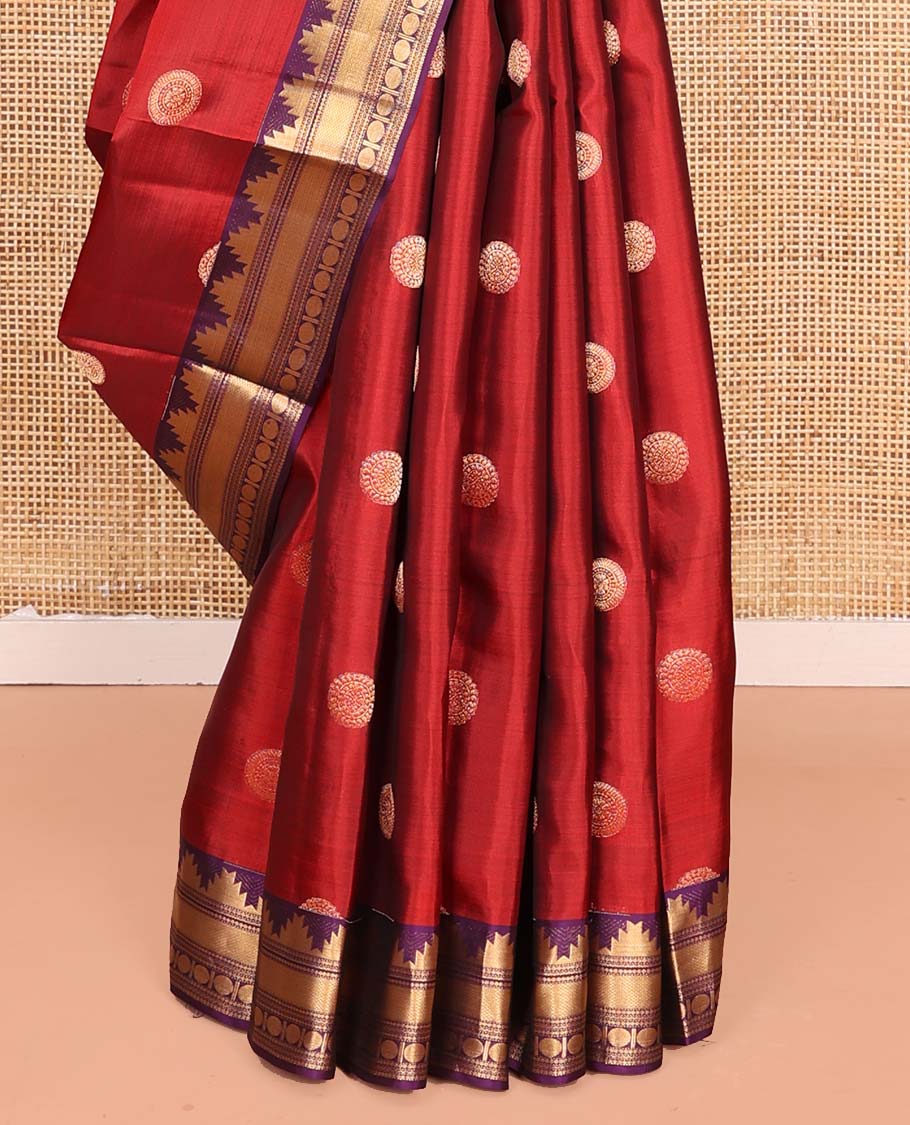 Red Vasundhara Lite Silk Mix Saree, Artfully Woven with Chakram Buttas All Over Its Body, Complemented by a Contrast Border of Thazampoo Rekku, Paisa, Neli, Mayil Kann, and Rudraksham Designs, Pallu of Geometric Patterns, and Paired with a Contrast Blouse - Image 4
