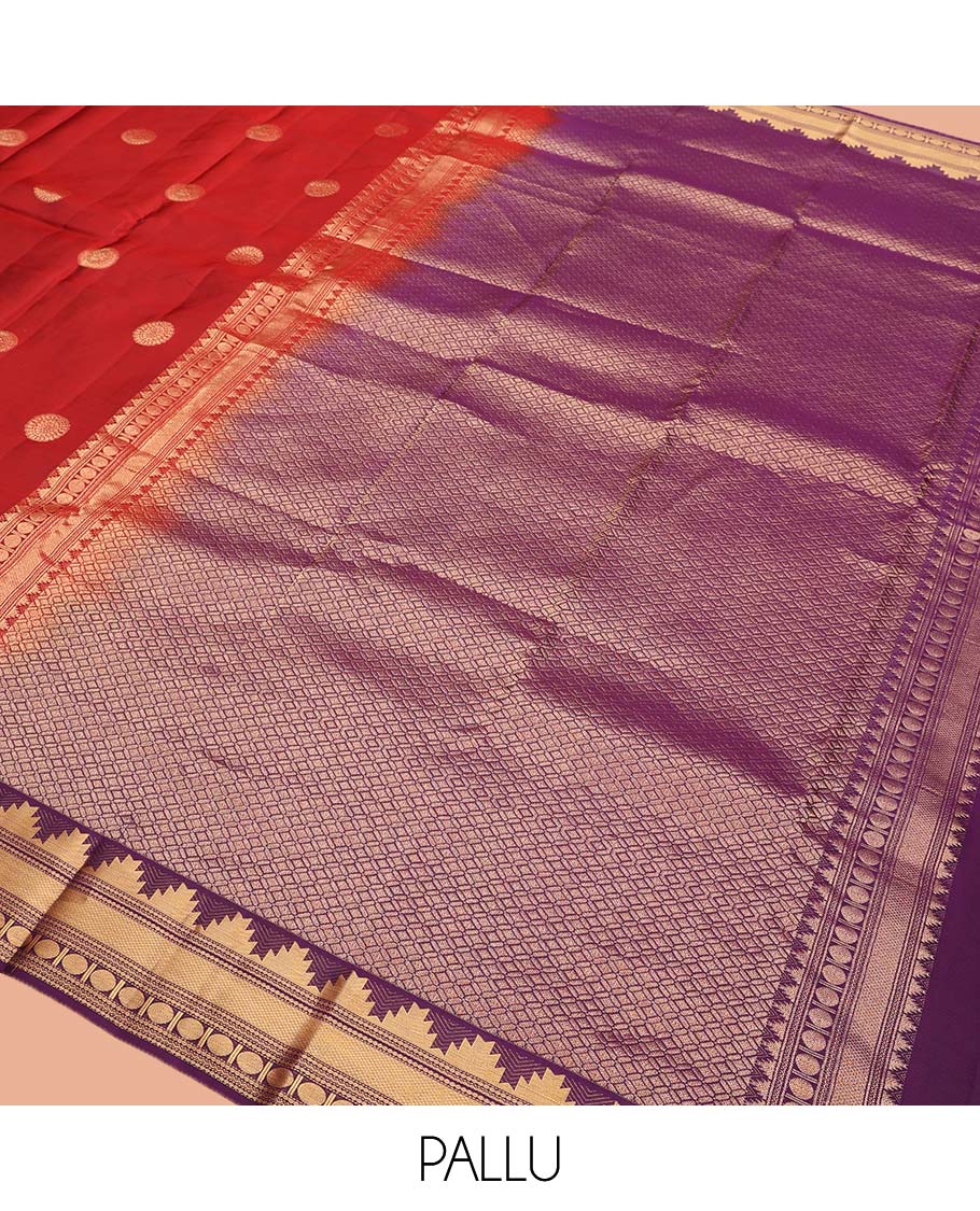 Red Vasundhara Lite Silk Mix Saree, Artfully Woven with Chakram Buttas All Over Its Body, Complemented by a Contrast Border of Thazampoo Rekku, Paisa, Neli, Mayil Kann, and Rudraksham Designs, Pallu of Geometric Patterns, and Paired with a Contrast Blouse - Image 5