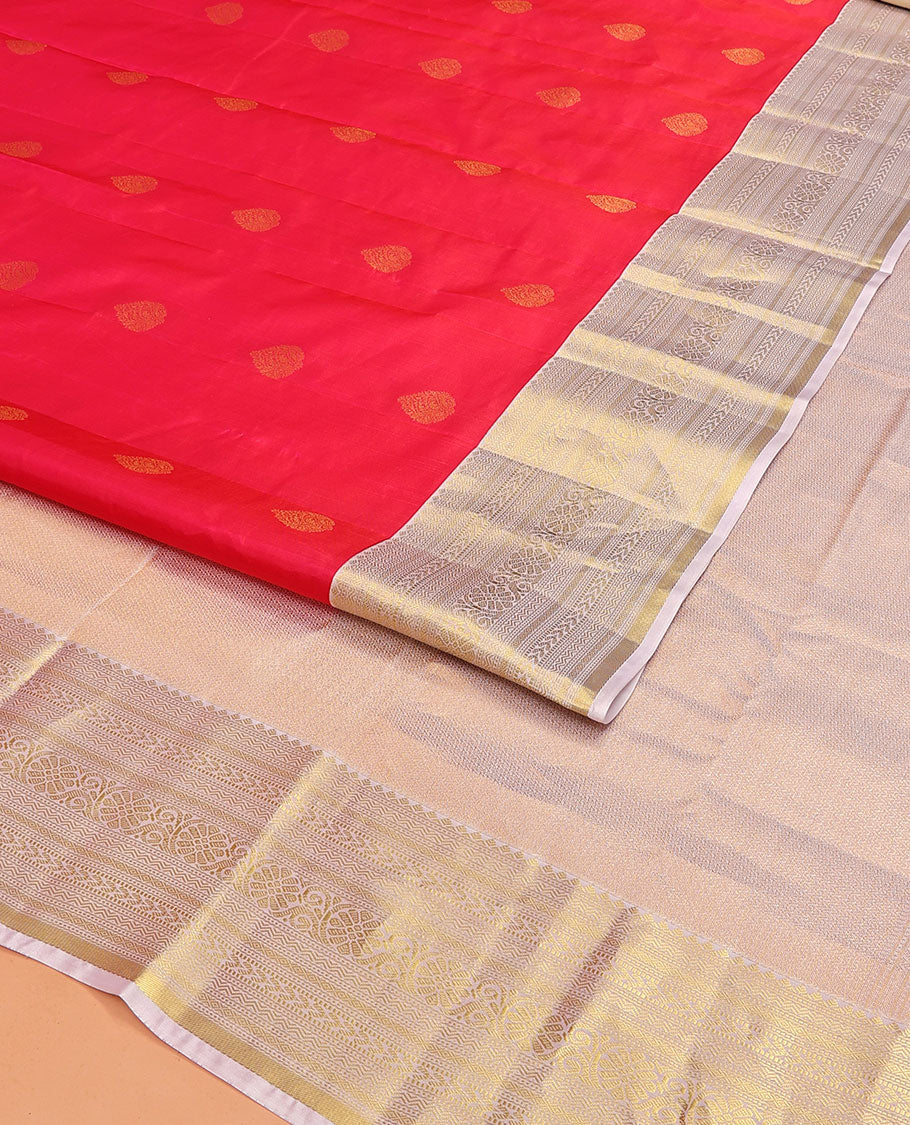 Red Vasundhara Lite Silk Mix Saree, Beautifully Bedecked with Zari Buttas on Its Body, Complemented by Contrast Border of Rekku, Neli, Muthu, Kathir, Mayil Kann, and Kodi Visiry Designs, Elegantly Highlighted Pallu, and Paired with a Contrast Blouse - Image 2
