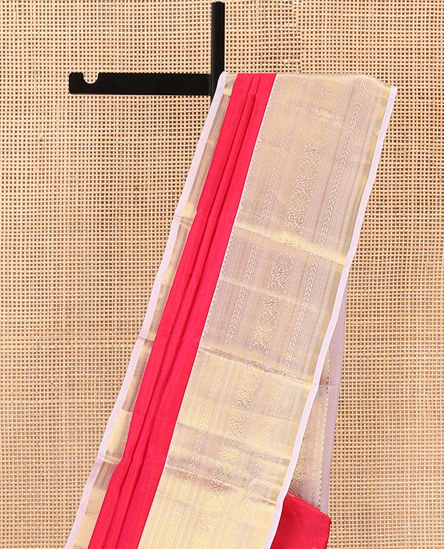 Red Vasundhara Lite Silk Mix Saree, Beautifully Bedecked with Zari Buttas on Its Body, Complemented by Contrast Border of Rekku, Neli, Muthu, Kathir, Mayil Kann, and Kodi Visiry Designs, Elegantly Highlighted Pallu, and Paired with a Contrast Blouse - Image 3