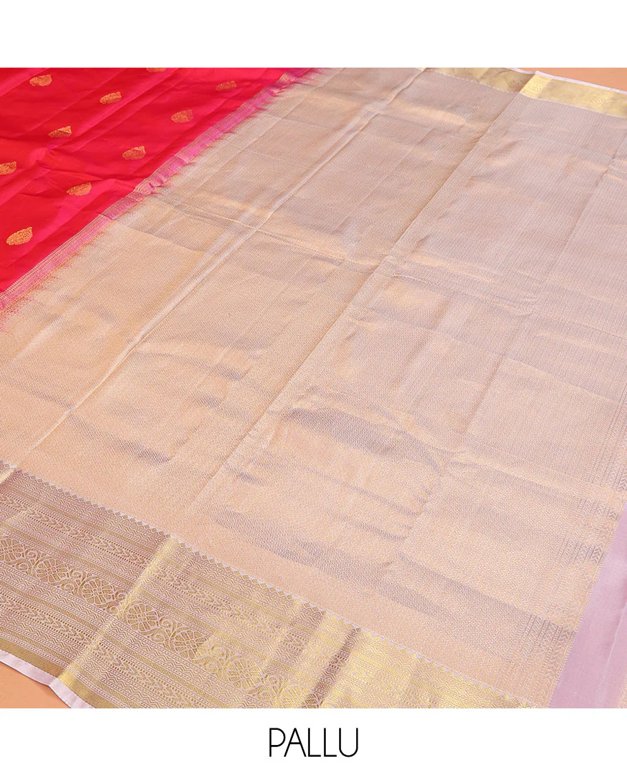 Red Vasundhara Lite Silk Mix Saree, Beautifully Bedecked with Zari Buttas on Its Body, Complemented by Contrast Border of Rekku, Neli, Muthu, Kathir, Mayil Kann, and Kodi Visiry Designs, Elegantly Highlighted Pallu, and Paired with a Contrast Blouse - Image 5