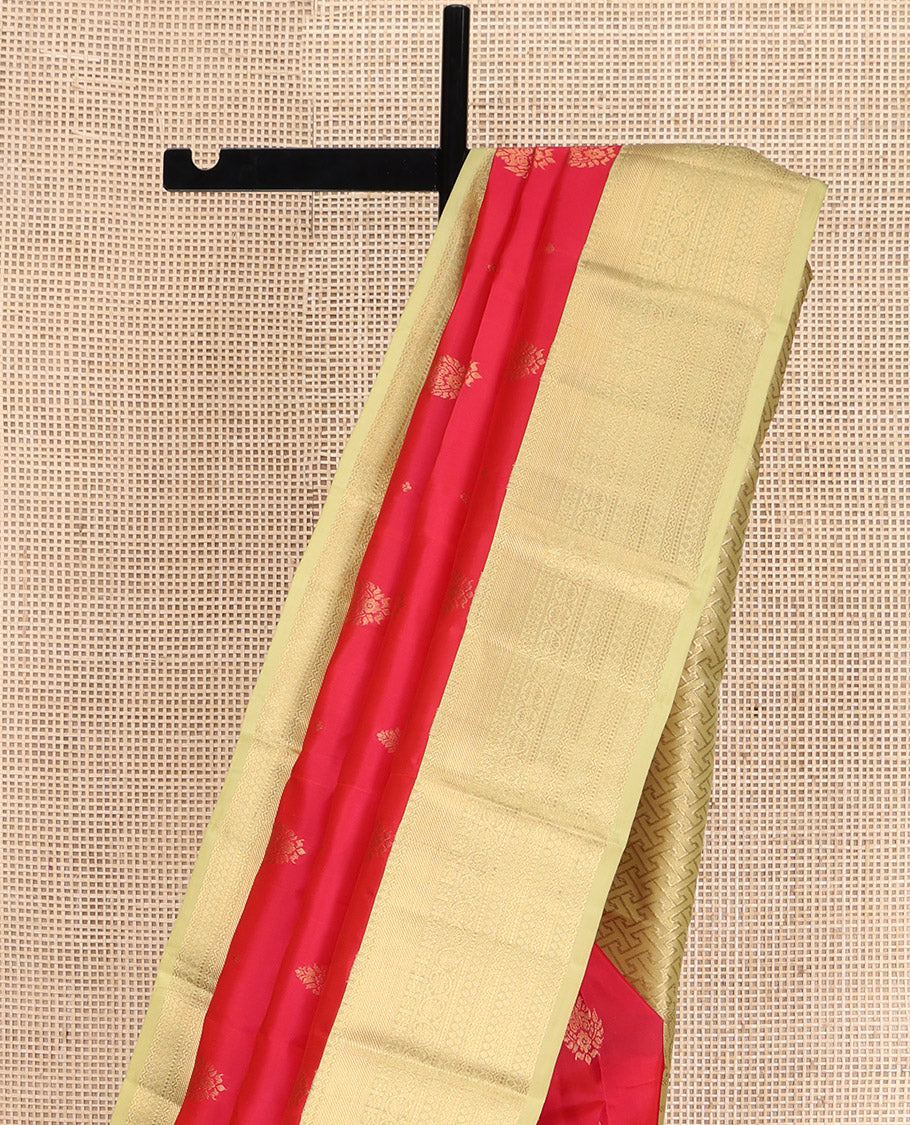 Red Vasundhara Lite Silk Mix Saree, Decked Up with Zari Buttas, Complemented by a Contrast Border of Thilakam, Kamalam, Kodi Visiry, and Neli Designs, Gandly Geometric Patterns Woven Pallu, and Paired with a Contrast Blouse - Image 3