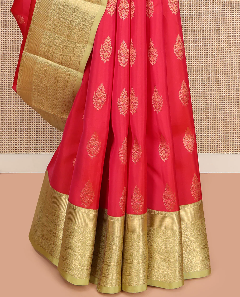 Red Vasundhara Lite Silk Mix Saree, Decked Up with Zari Buttas, Complemented by a Contrast Border of Thilakam, Kamalam, Kodi Visiry, and Neli Designs, Gandly Geometric Patterns Woven Pallu, and Paired with a Contrast Blouse - Image 4