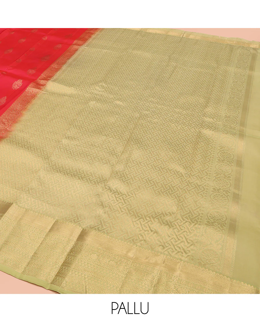 Red Vasundhara Lite Silk Mix Saree, Decked Up with Zari Buttas, Complemented by a Contrast Border of Thilakam, Kamalam, Kodi Visiry, and Neli Designs, Gandly Geometric Patterns Woven Pallu, and Paired with a Contrast Blouse - Image 5