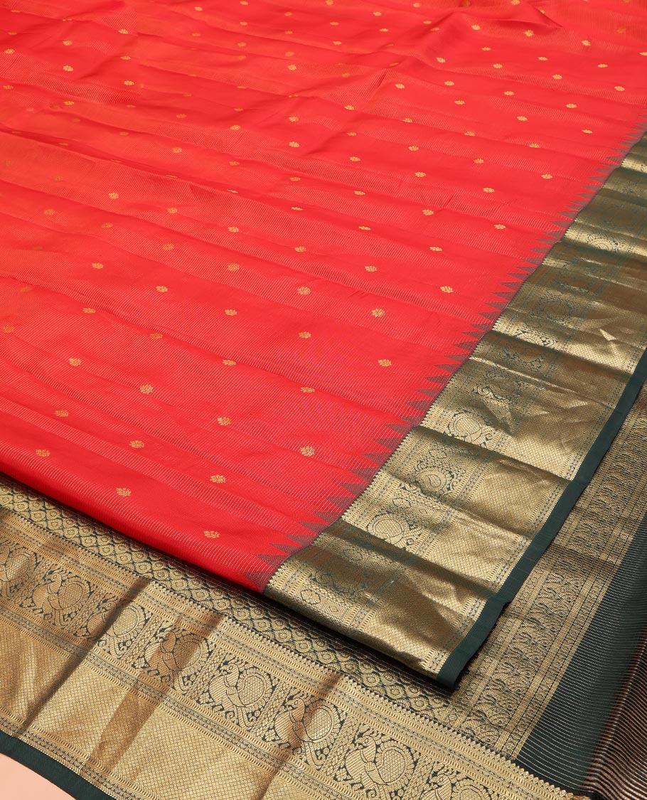 Red Vasundhara Lite Silk Mix Saree, Delicately Woven with Zari Buttas and Stripes, Complemented by a Contrast Border of Rekku, Muthu, Mayil, and Mayil Kann Designs, Pallu Steeped with Peacock Feather-Like Designs, and Paired with a Contrast Blouse - Image 2