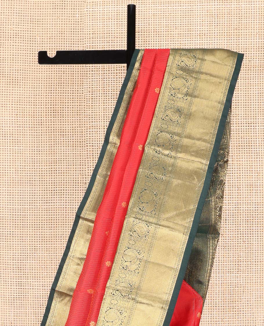 Red Vasundhara Lite Silk Mix Saree, Delicately Woven with Zari Buttas and Stripes, Complemented by a Contrast Border of Rekku, Muthu, Mayil, and Mayil Kann Designs, Pallu Steeped with Peacock Feather-Like Designs, and Paired with a Contrast Blouse - Image 3