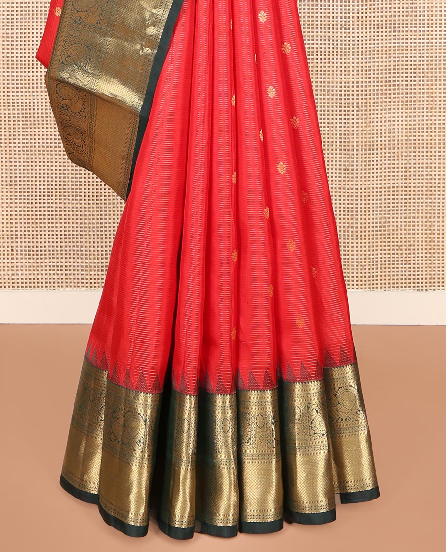 Red Vasundhara Lite Silk Mix Saree, Delicately Woven with Zari Buttas and Stripes, Complemented by a Contrast Border of Rekku, Muthu, Mayil, and Mayil Kann Designs, Pallu Steeped with Peacock Feather-Like Designs, and Paired with a Contrast Blouse - Image 4