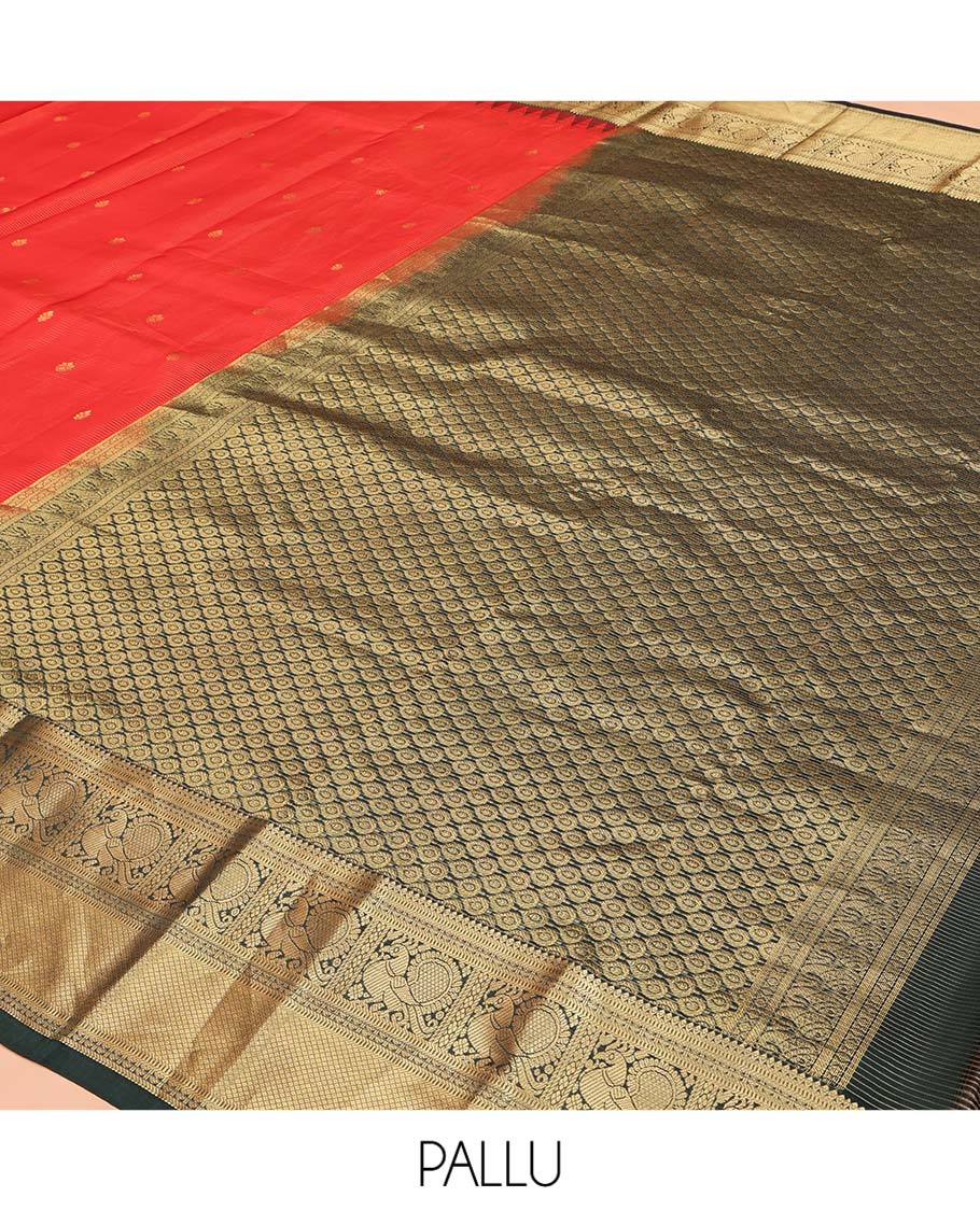 Red Vasundhara Lite Silk Mix Saree, Delicately Woven with Zari Buttas and Stripes, Complemented by a Contrast Border of Rekku, Muthu, Mayil, and Mayil Kann Designs, Pallu Steeped with Peacock Feather-Like Designs, and Paired with a Contrast Blouse - Image 5