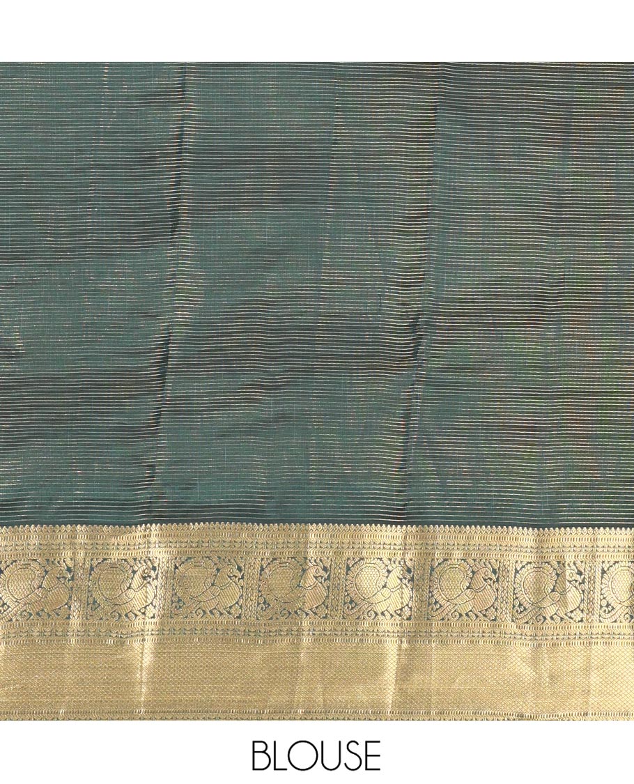 Red Vasundhara Lite Silk Mix Saree, Delicately Woven with Zari Buttas and Stripes, Complemented by a Contrast Border of Rekku, Muthu, Mayil, and Mayil Kann Designs, Pallu Steeped with Peacock Feather-Like Designs, and Paired with a Contrast Blouse - Image 6