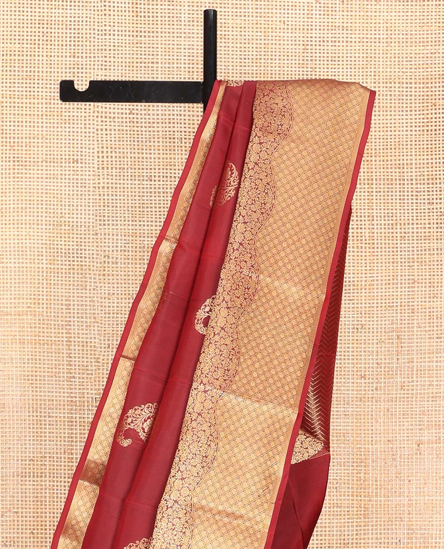 Red Vasundhara Lite Silk Mix Saree, Detailed with Zari Buttas All Over Its Body, Highlighted by a Zari Border of Floral and Jaal Designs, Pallu Steeped with Chevron Stripes, and Paired with a Matching Blouse - Image 3