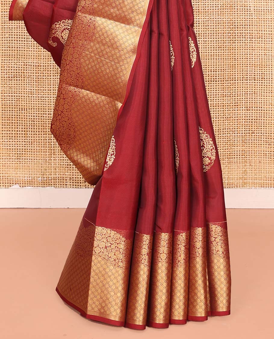 Red Vasundhara Lite Silk Mix Saree, Detailed with Zari Buttas All Over Its Body, Highlighted by a Zari Border of Floral and Jaal Designs, Pallu Steeped with Chevron Stripes, and Paired with a Matching Blouse - Image 4