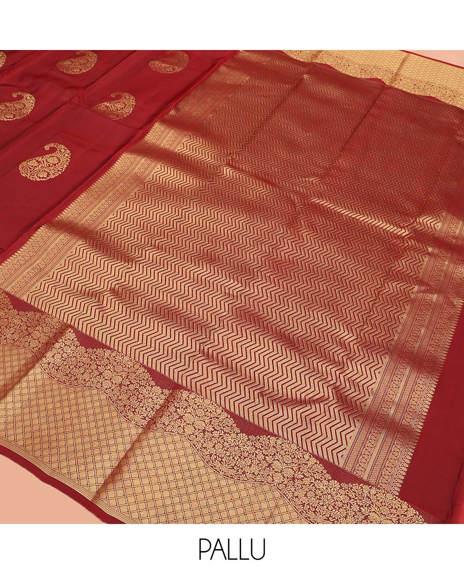 Red Vasundhara Lite Silk Mix Saree, Detailed with Zari Buttas All Over Its Body, Highlighted by a Zari Border of Floral and Jaal Designs, Pallu Steeped with Chevron Stripes, and Paired with a Matching Blouse - Image 5