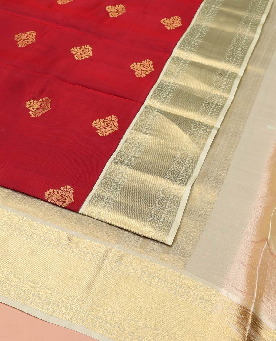 Red Vasundhara Lite-Silk Mix Saree, Elegantly Designed with Zari Buttas, Complemented by a Contrast Border of Salngai, Thilakam, and Paisa Designs, Sparsely Sparkled Pallu, and Paired with a Contrast Blouse - Image 3