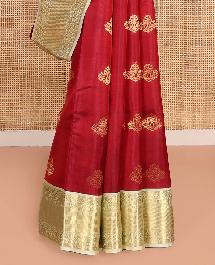 Red Vasundhara Lite-Silk Mix Saree, Elegantly Designed with Zari Buttas, Complemented by a Contrast Border of Salngai, Thilakam, and Paisa Designs, Sparsely Sparkled Pallu, and Paired with a Contrast Blouse - Image 4