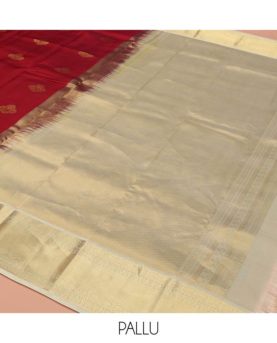 Red Vasundhara Lite-Silk Mix Saree, Elegantly Designed with Zari Buttas, Complemented by a Contrast Border of Salngai, Thilakam, and Paisa Designs, Sparsely Sparkled Pallu, and Paired with a Contrast Blouse - Image 5