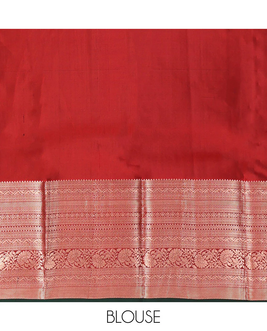 Red Vasundhara Lite Silk Mix Saree, Elevated with Zari Buttas on Its Body, Highlighted by a Zari Border of Rekku, Muthu, Diamond, Rettai Neli, and Kodi Visiry Designs, Grand Jaal-Design Pallu, and Paired with a Contrast Blouse - Image 6